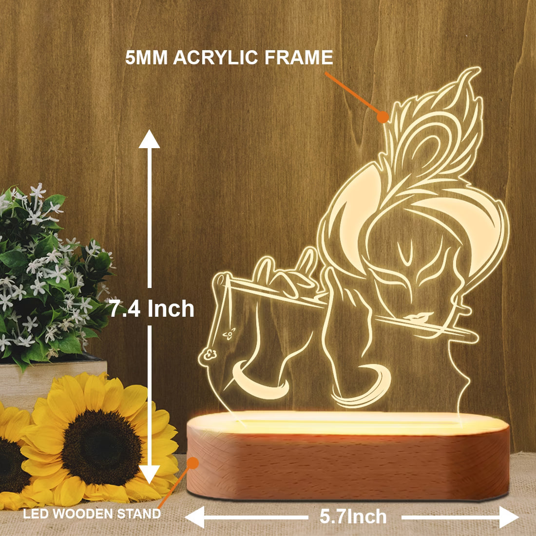 Krishna flute 3D engraved acrylic LED lamp with warm glow and rechargeable wireless wooden base – Fashionury