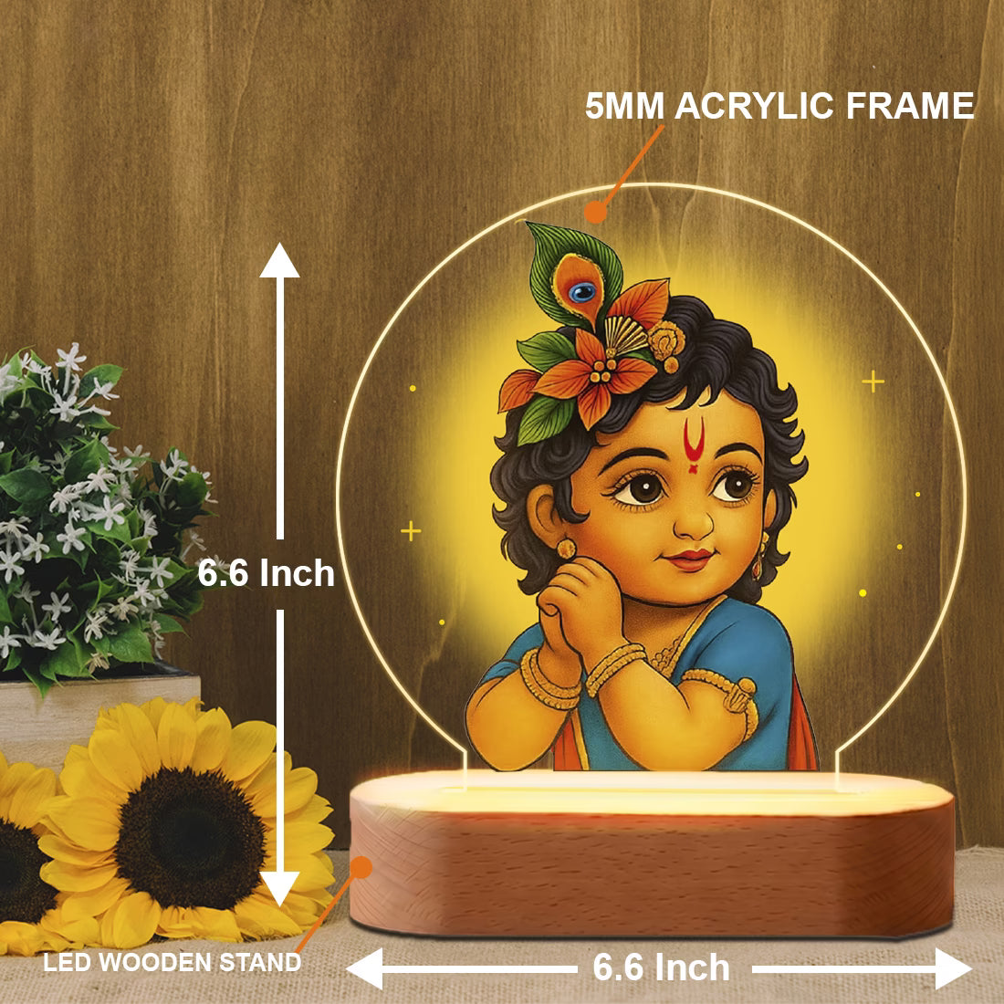 Bal Gopal Little Krishna acrylic LED night lamp with rechargeable wireless wooden base – Janmashtami gift by Fashionury