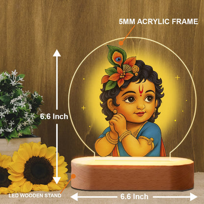 Bal Gopal Little Krishna acrylic LED night lamp with rechargeable wireless wooden base – Janmashtami gift by Fashionury