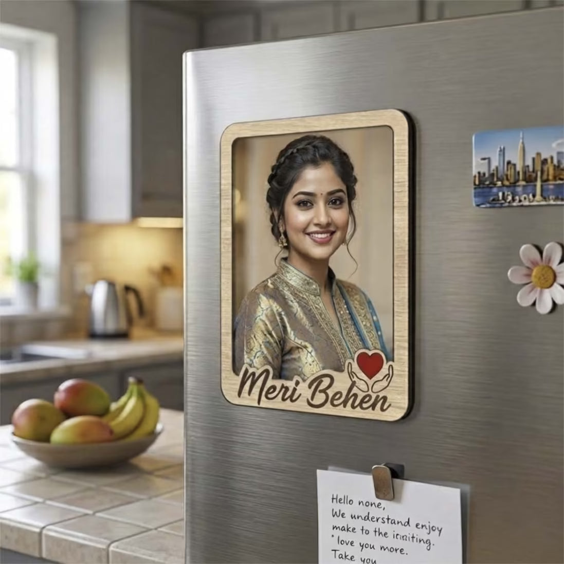 Meri Bhen custom photo wooden fridge magnet with script and red heart accent