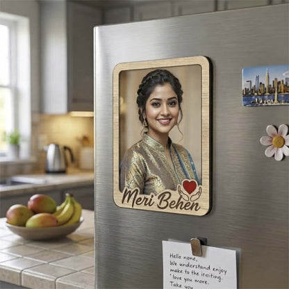 Meri Bhen custom photo wooden fridge magnet with script and red heart accent