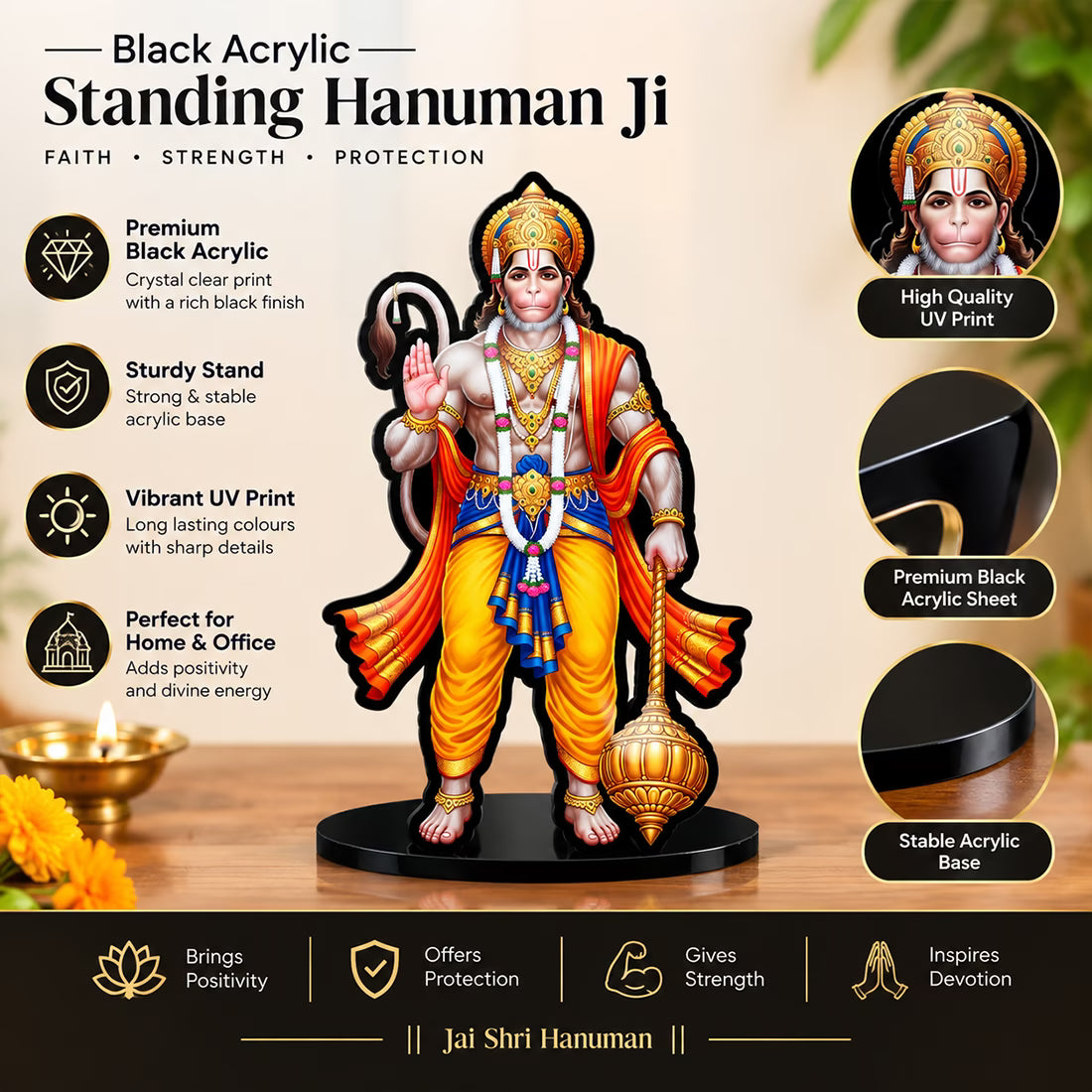 Lord Hanuman acrylic standee in blessing pose with gada and garland on black base – Fashionury