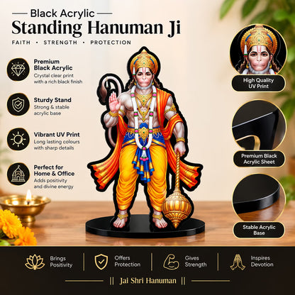 Lord Hanuman acrylic standee in blessing pose with gada and garland on black base – Fashionury