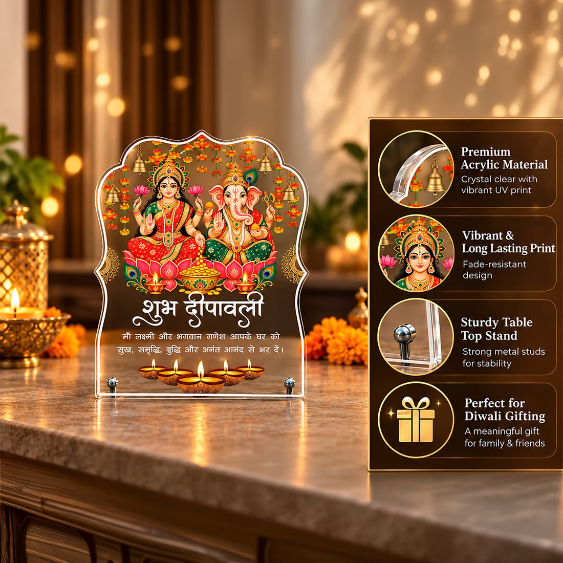 Shubh Deepavali Lakshmi Ganesh acrylic tabletop frame with marigold, bells and diya design on metal stand – Fashionury