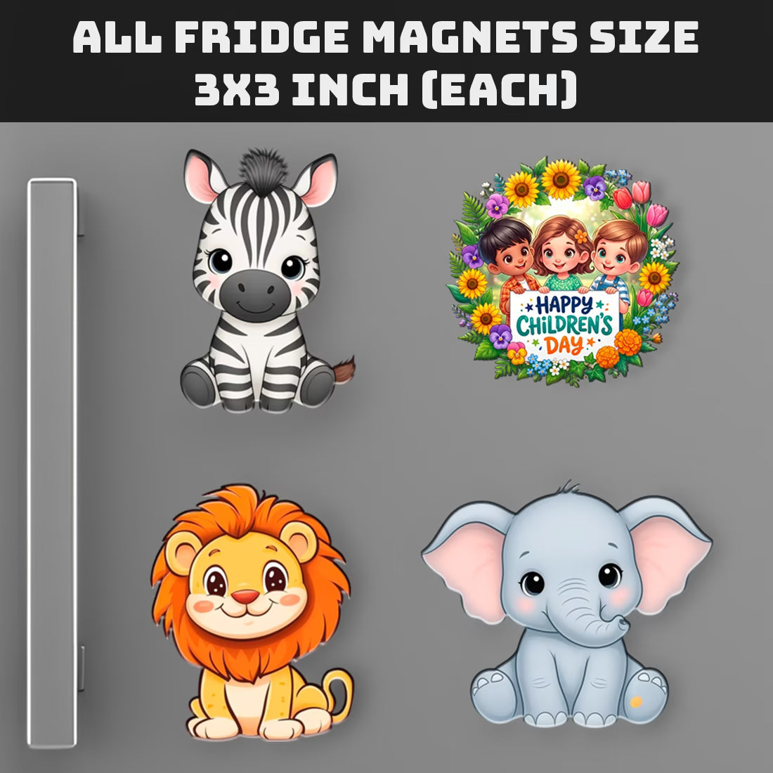 Children's Day jungle animal MDF fridge magnet set of 4 with zebra, lion and elephant designs – Fashionury