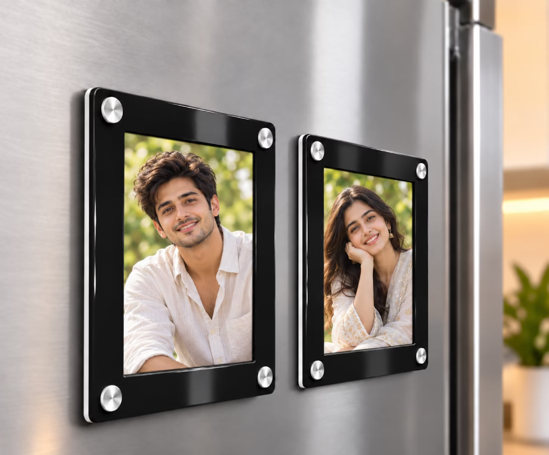 Acrylic photo frame fridge magnet set of 2 with photo insert and silver screw corners – Fashionury