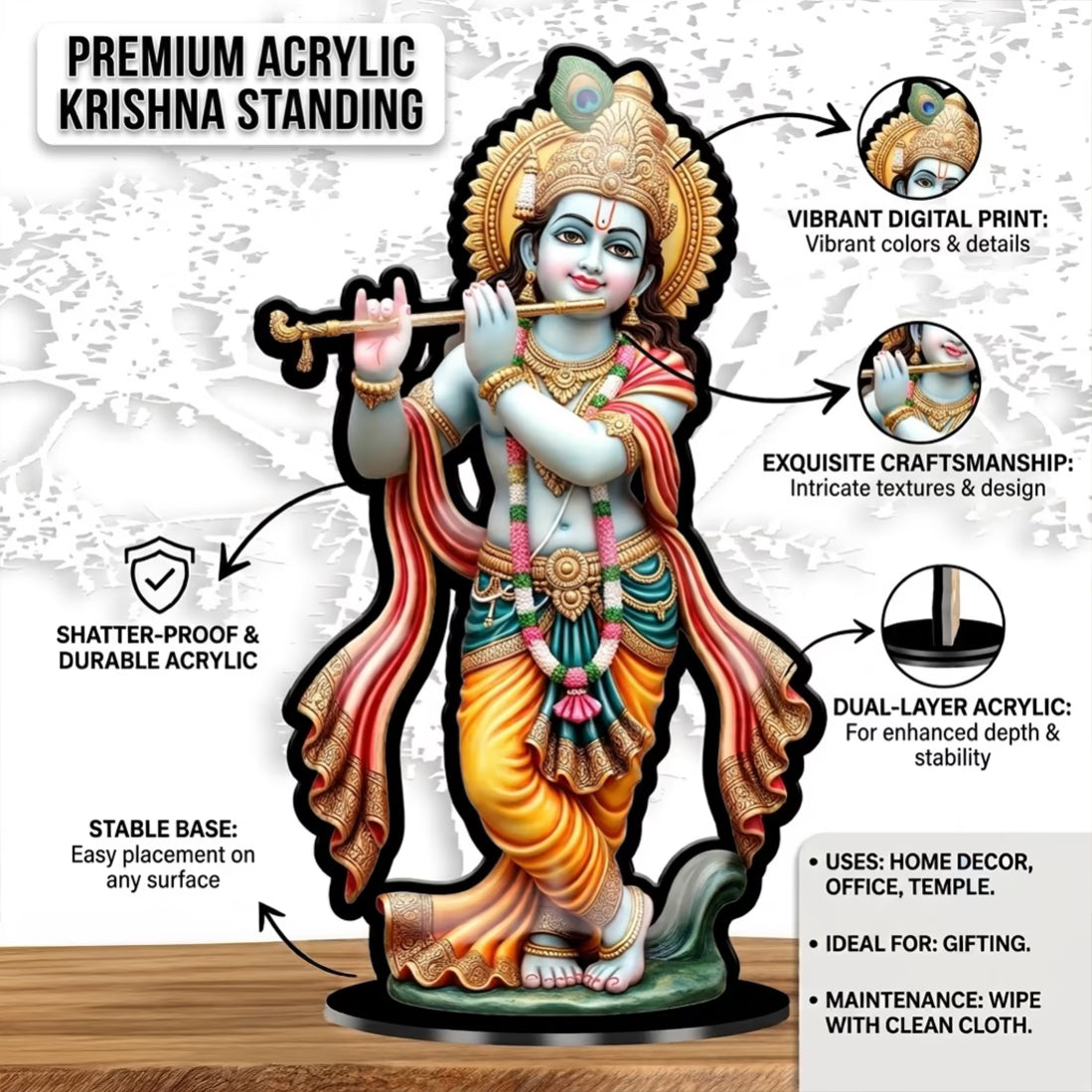 Standing Lord Krishna acrylic standee playing flute with peacock mukut on black base – Fashionury