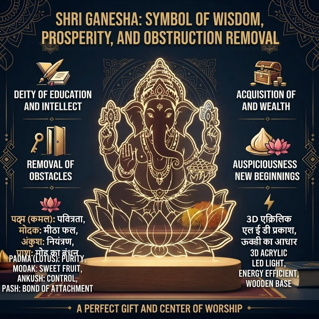 Lord Ganesha on lotus UV printed acrylic LED lamp with warm glow and rechargeable wireless wooden base – Fashionury