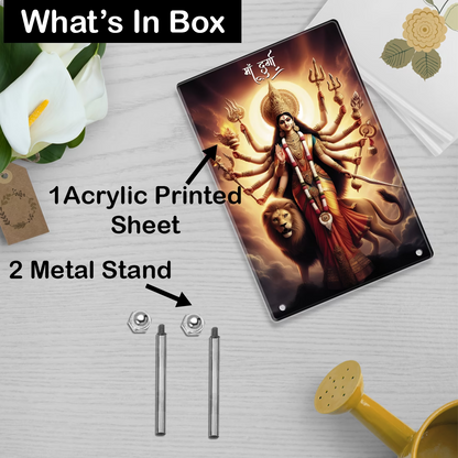 Maa Durga acrylic tabletop photo frame with lion and trishul design on steel standoffs – Navratri decor by Fashionury