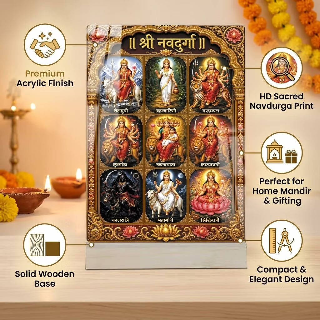 Shri Navdurga acrylic tabletop frame showing nine forms of Maa Durga with golden border and wooden base – Fashionury