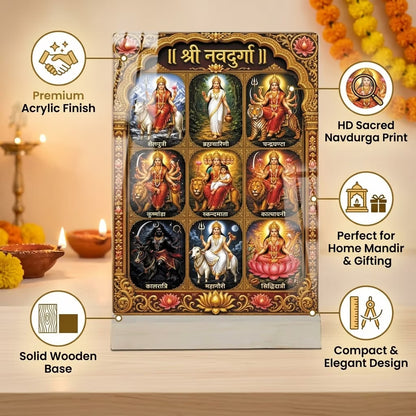 Shri Navdurga acrylic tabletop frame showing nine forms of Maa Durga with golden border and wooden base – Fashionury