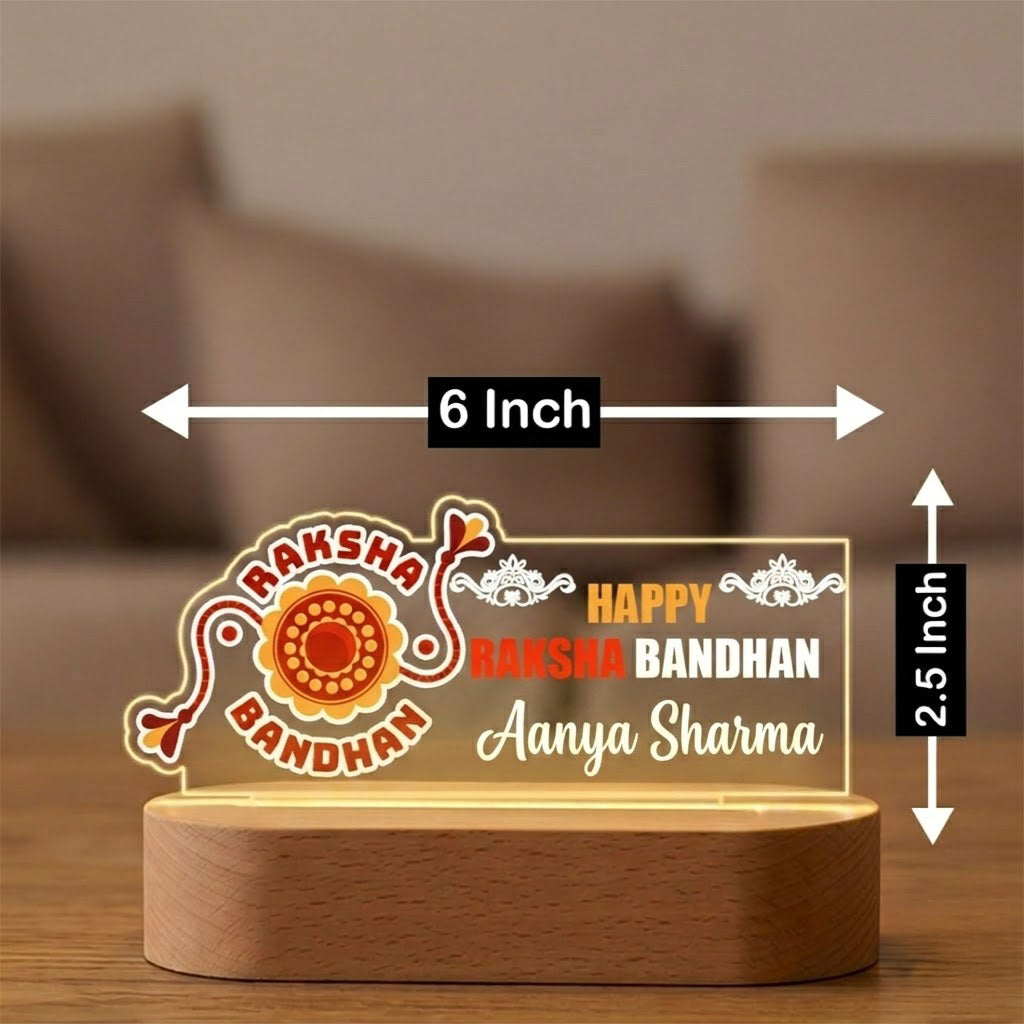 Happy Raksha Bandhan acrylic LED lamp with custom name and festive Rakhi motif