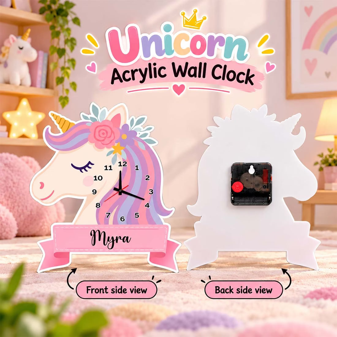 Personalized unicorn acrylic wall clock with custom name mounted on kids room wall – Fashionury