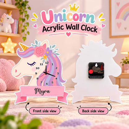 Personalized unicorn acrylic wall clock with custom name mounted on kids room wall – Fashionury