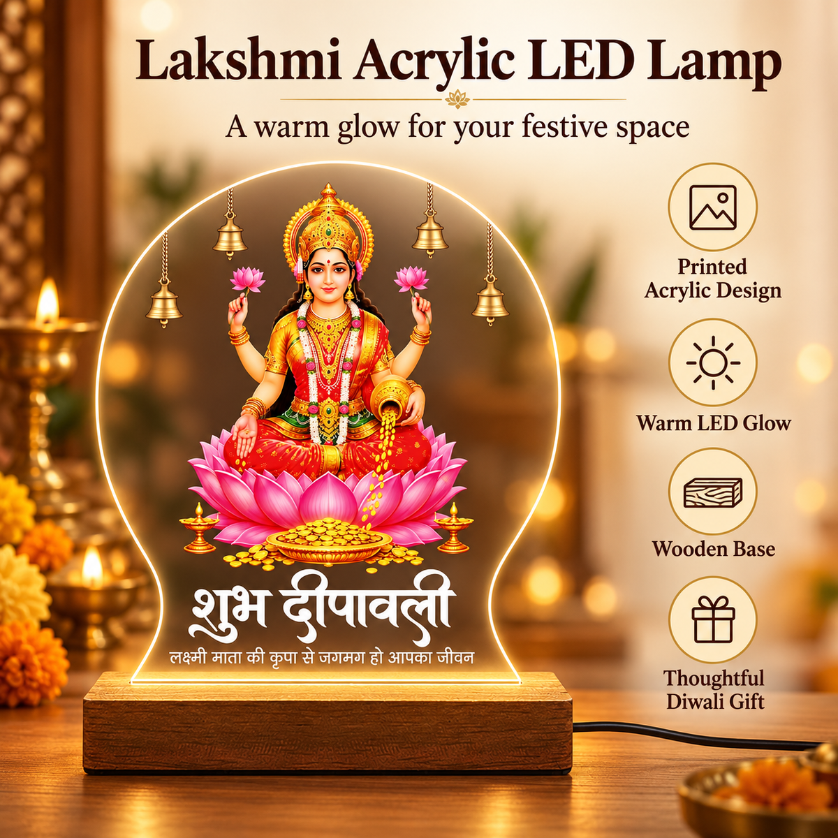 Shubh Deepavali Maa Lakshmi acrylic LED table lamp with lotus and temple bells design on warm glow wooden stand – Fashionury