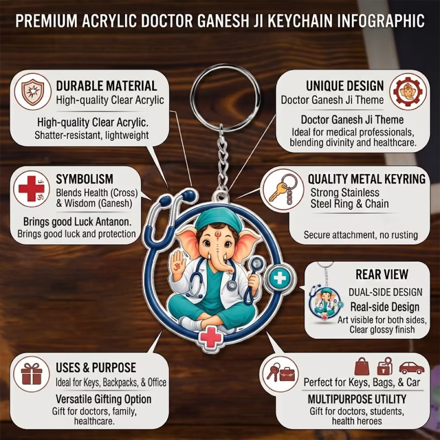 Doctor Ganesha acrylic keychain with stethoscope design and metal ring – gift for doctors by Fashionury