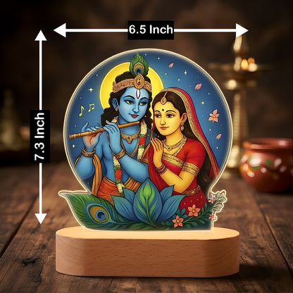 Radha Krishna acrylic LED lamp with rechargeable wireless wooden base and warm glow – spiritual gift by Fashionury