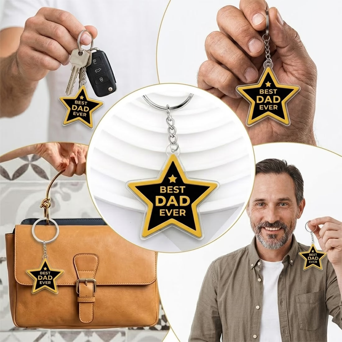 Best Dad Ever star shape acrylic keychain with golden text and metal ring

