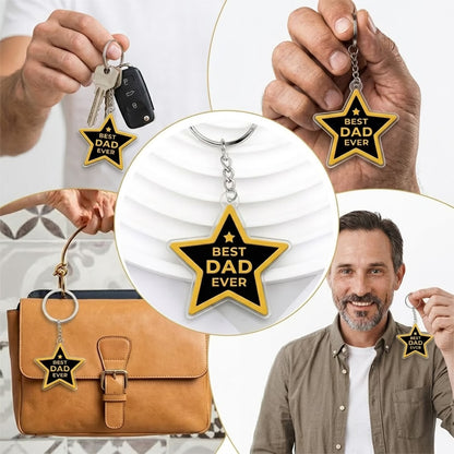 Best Dad Ever star shape acrylic keychain with golden text and metal ring

