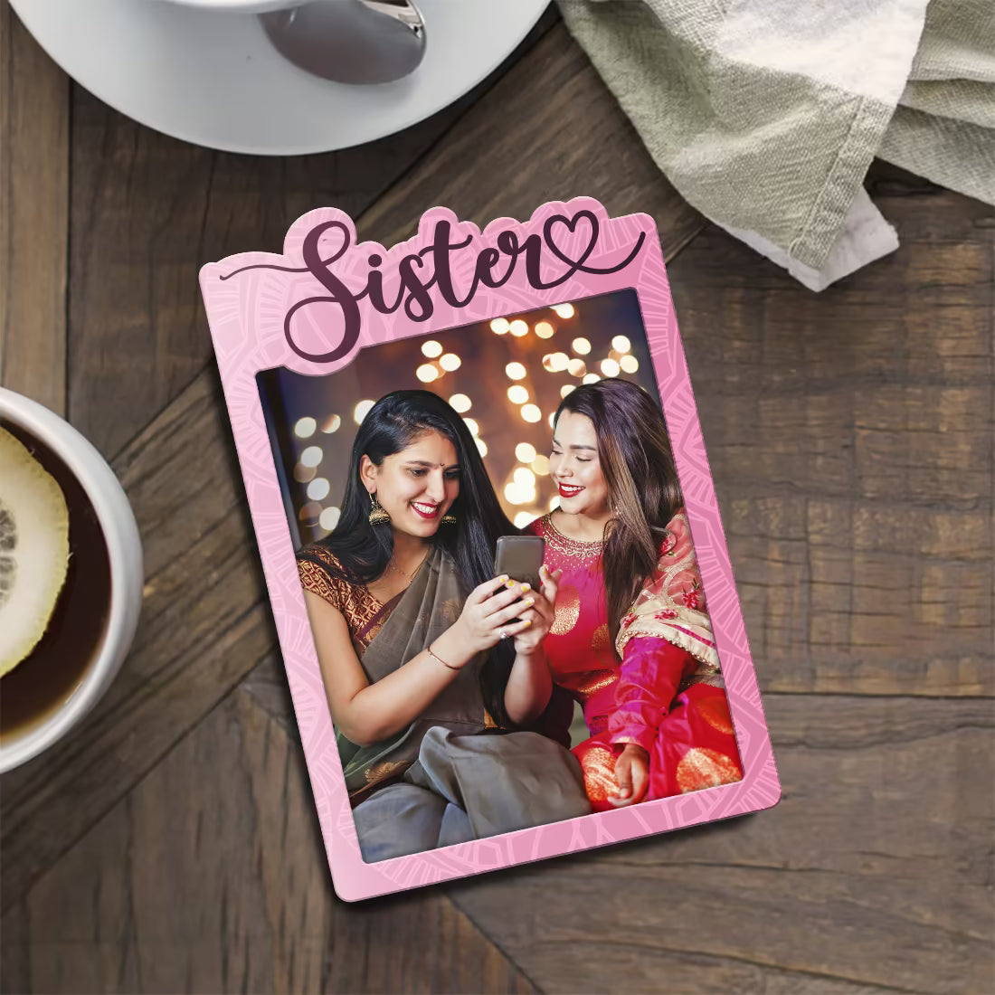 Sister custom photo wooden fridge magnet with laser-cut pink design and script
