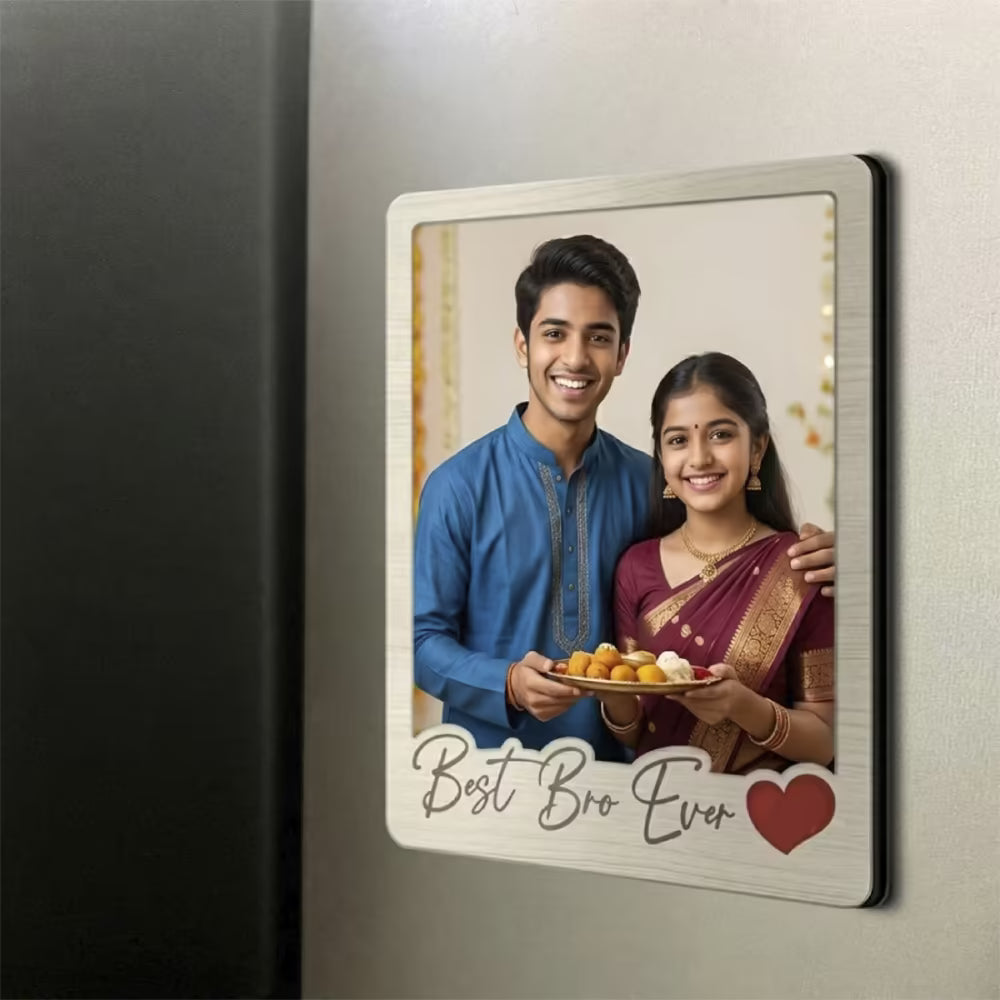 Best Bro Ever custom photo wooden fridge magnet with polaroid design and heart