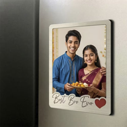 Best Bro Ever custom photo wooden fridge magnet with polaroid design and heart