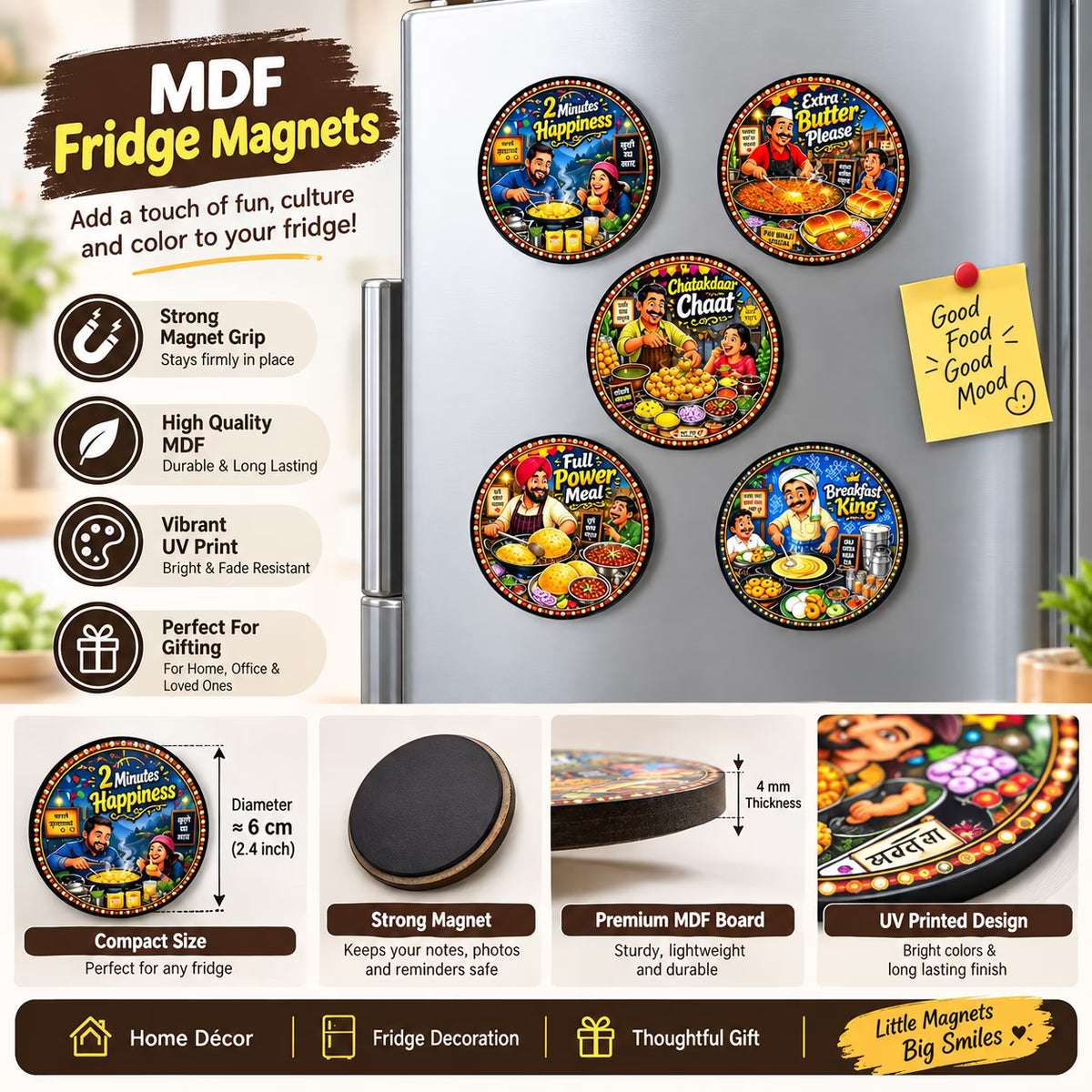 Indian street food MDF fridge magnet set of 5 with Maggi, Pav Bhaji, Chaat, Chole Bhature and Dosa designs – Fashionury