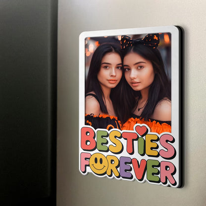Besties Forever custom photo wooden fridge magnet with retro typography and smiley