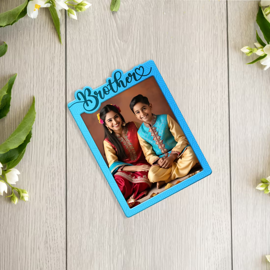Brother custom photo wooden fridge magnet with laser-cut script and blue wave design