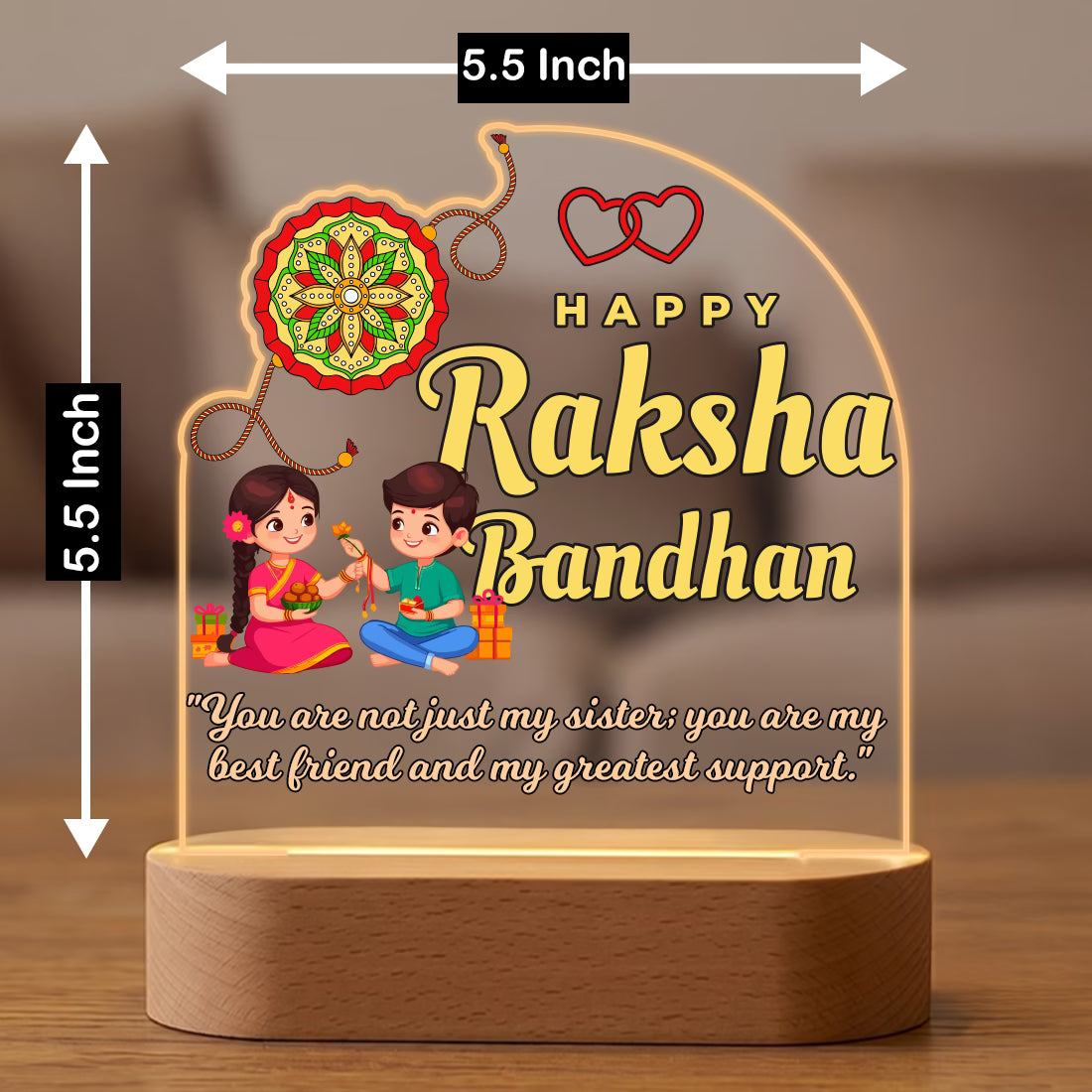 Size view of Happy Raksha Bandhan acrylic LED lamp with brother sister illustration and quote