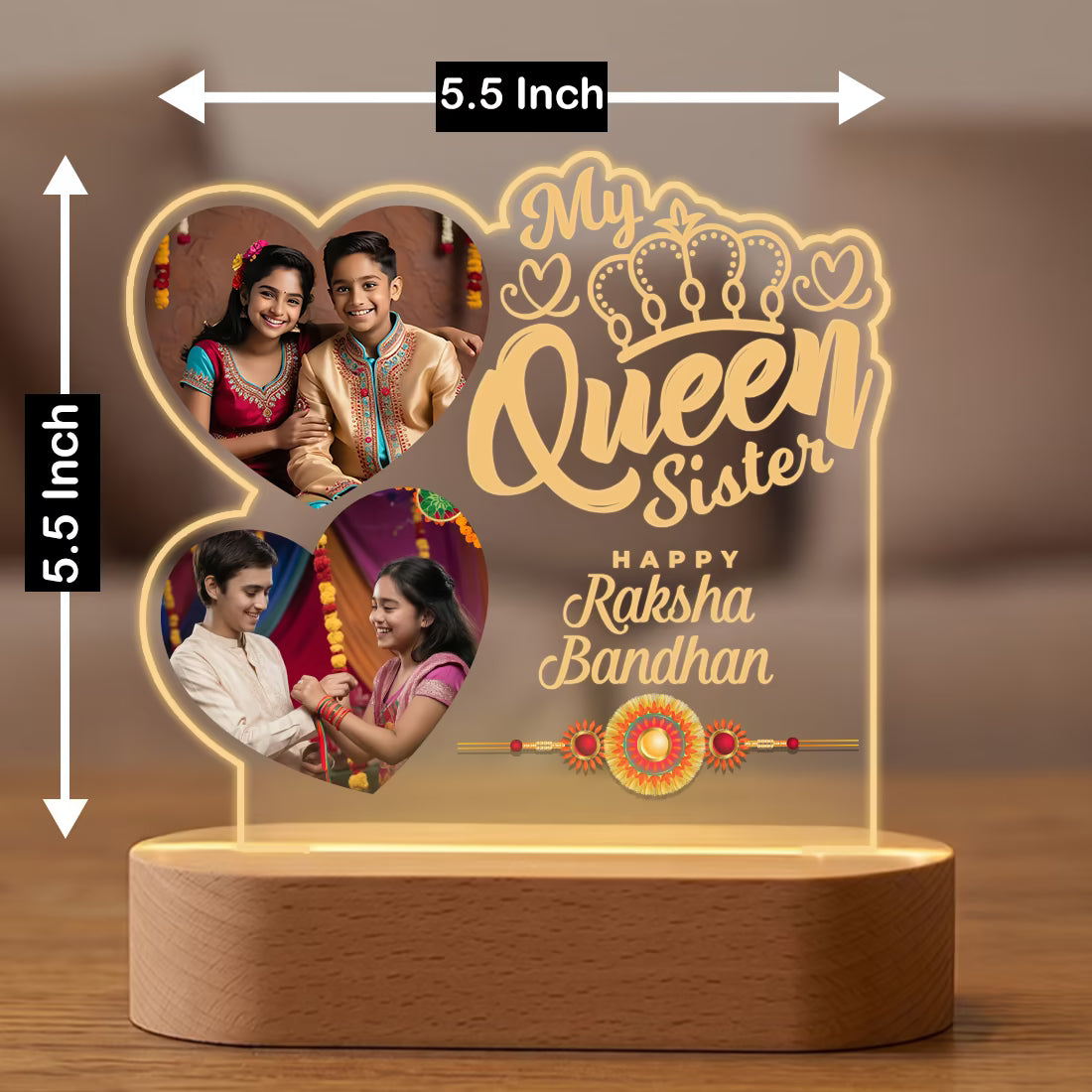 Size view of My Queen Sister Raksha Bandhan acrylic LED lamp with two heart photos and crown
