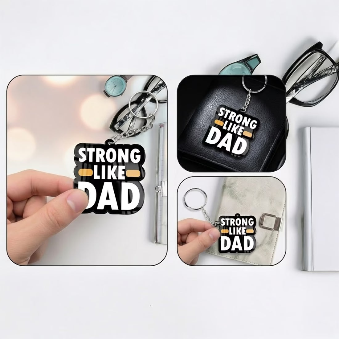 Keychain with 'Strong Like Dad' text displayed on a white background