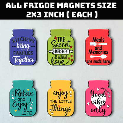 Kitchen Quotes jar MDF wooden fridge magnet set of 6 with colourful designs