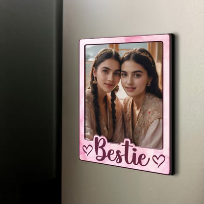 Bestie custom photo wooden fridge magnet with bold script and pink watercolour design