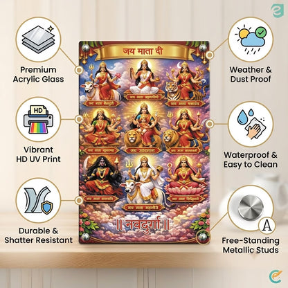 Navdurga acrylic photo frame front view with Jai Mata Di banner and metal standoff legs