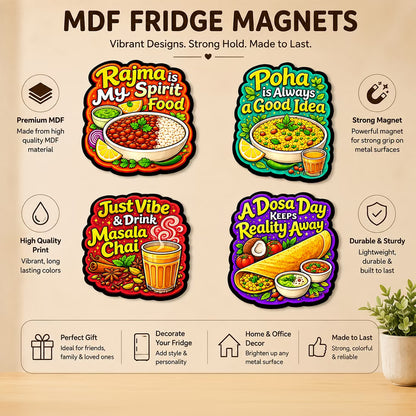 Desi comfort food MDF fridge magnet set of 4 with Rajma, Poha, Masala Chai and Dosa designs – Fashionury
