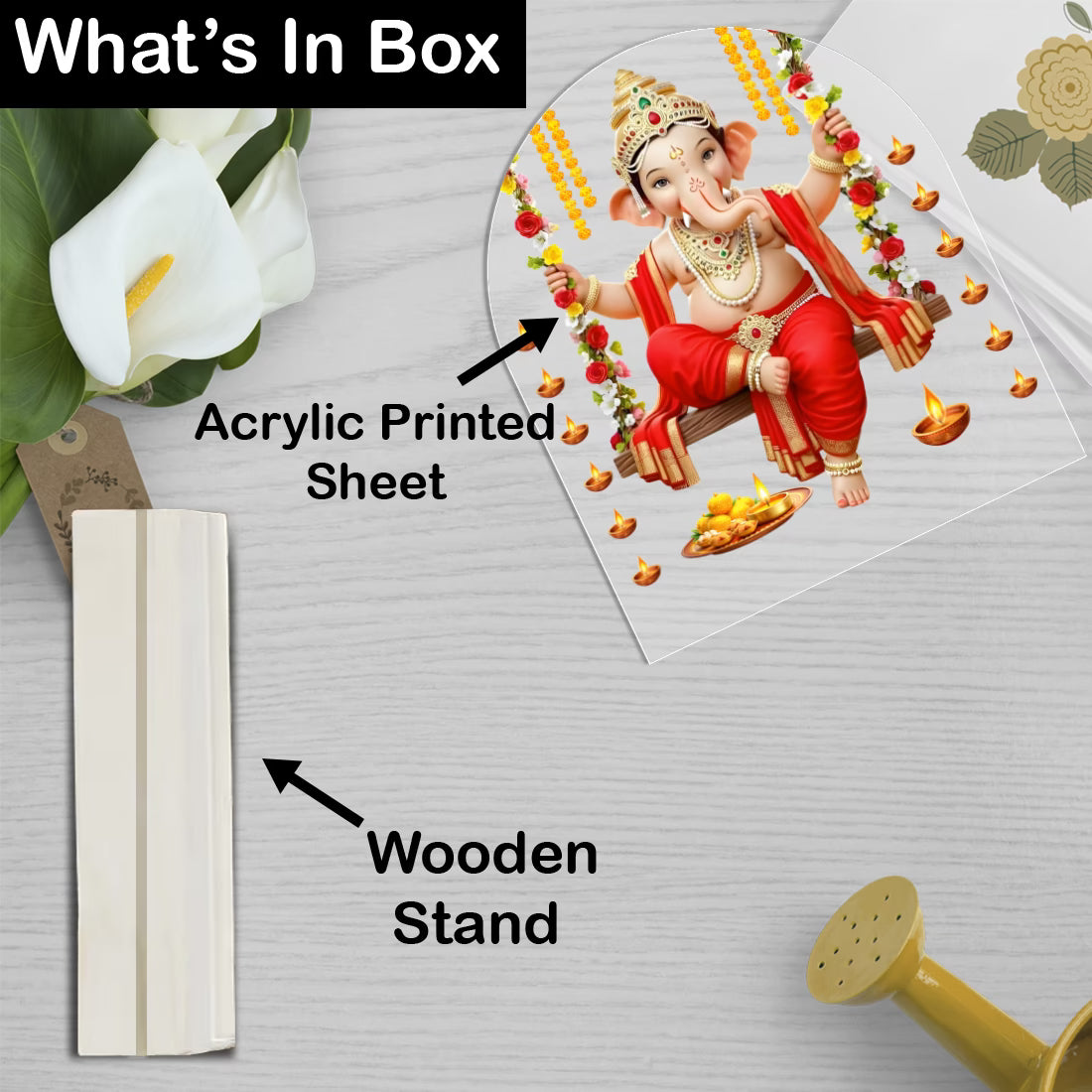 Lord Ganesha on floral swing arch acrylic tabletop frame with wooden base – Ganesh Chaturthi decor by Fashionury
