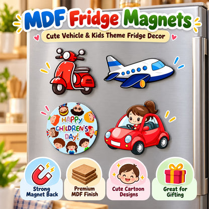 Children's Day vehicle theme MDF fridge magnet set of 4 with scooter, aeroplane and car designs – Fashionury