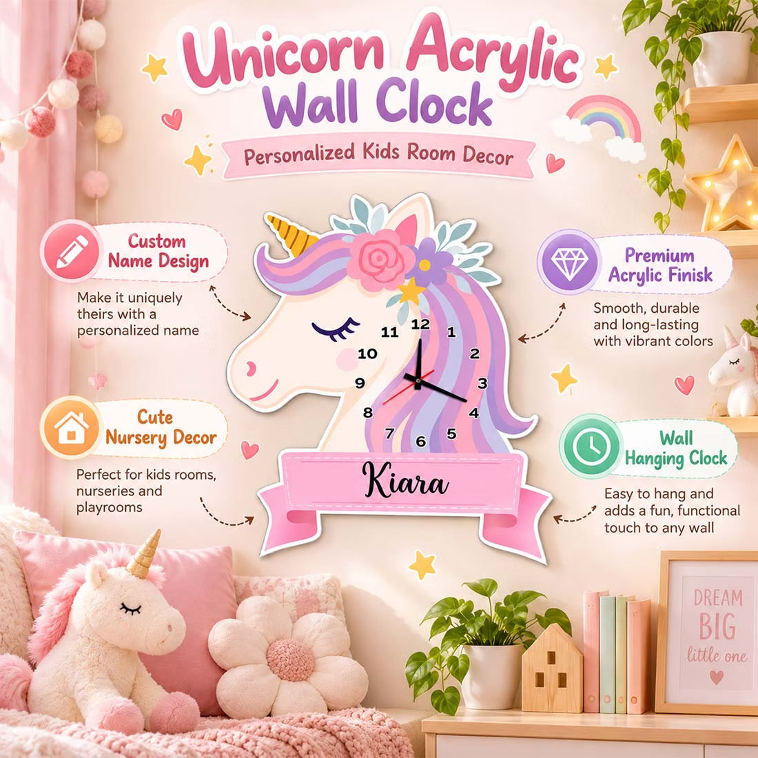 Personalized unicorn acrylic wall clock with custom name mounted on kids room wall – Fashionury