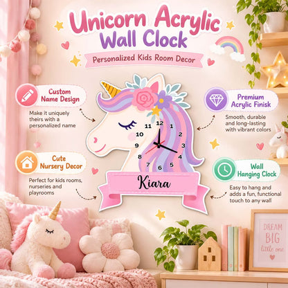 Personalized unicorn acrylic wall clock with custom name mounted on kids room wall – Fashionury