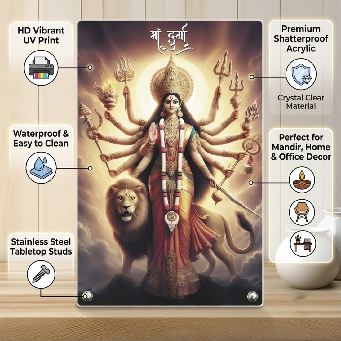 Maa Durga acrylic tabletop photo frame with lion and trishul design on steel standoffs – Navratri decor by Fashionury