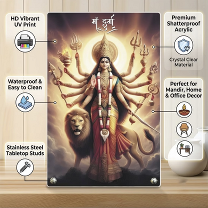 Maa Durga acrylic tabletop photo frame with lion and trishul design on steel standoffs – Navratri decor by Fashionury