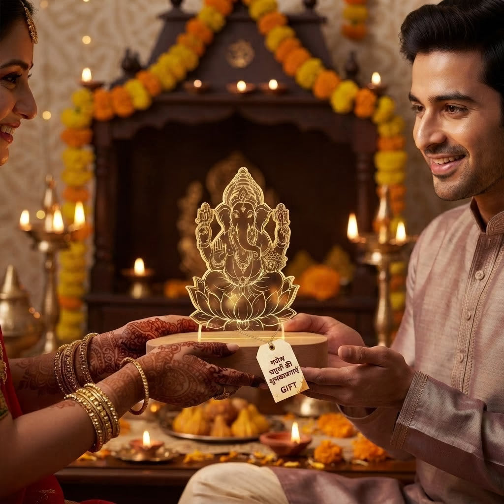 Lord Ganesha on lotus UV printed acrylic LED lamp with warm glow and rechargeable wireless wooden base – Fashionury