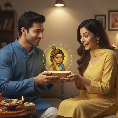 Bal Gopal Little Krishna acrylic LED night lamp with rechargeable wireless wooden base – Janmashtami gift by Fashionury