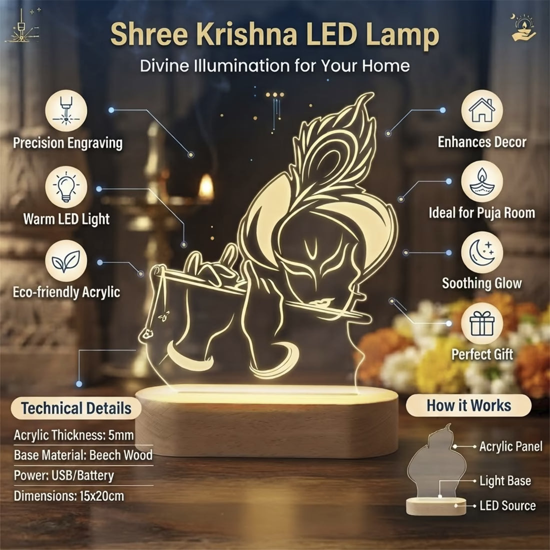 Krishna flute 3D engraved acrylic LED lamp with warm glow and rechargeable wireless wooden base – Fashionury