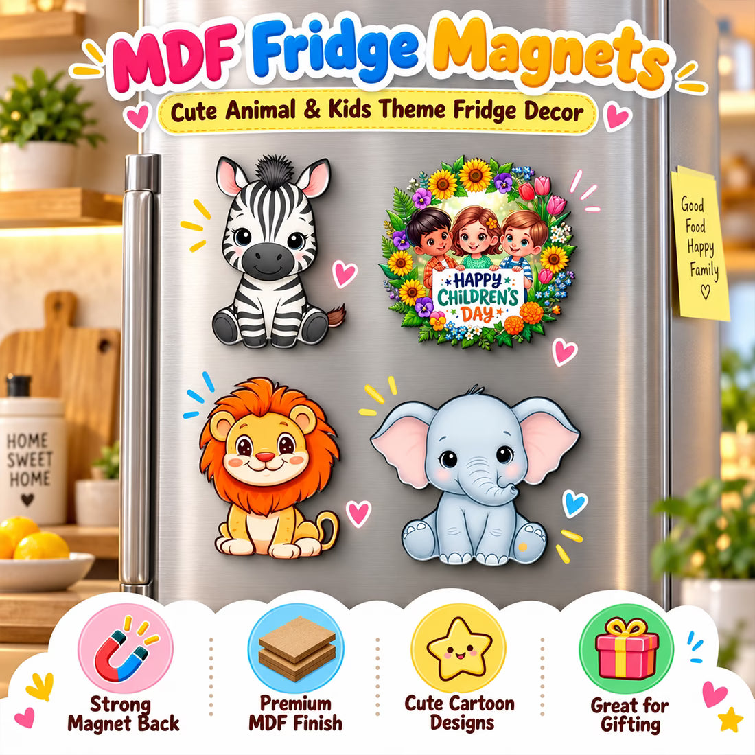 Children's Day jungle animal MDF fridge magnet set of 4 with zebra, lion and elephant designs – Fashionury