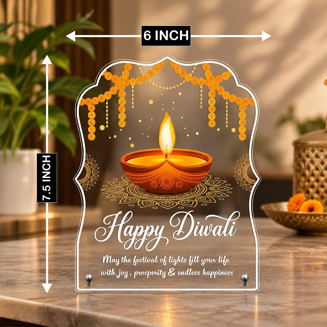 Happy Diwali acrylic tabletop frame with diya, marigold toran and mandala design on metal stand – Fashionury