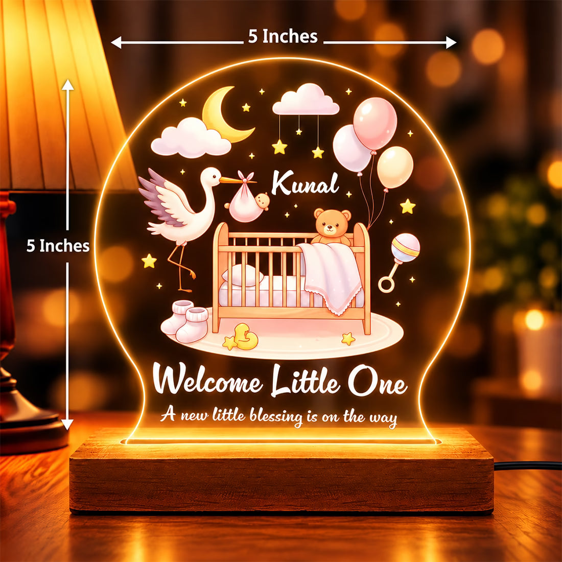 Welcome Little One personalized baby name acrylic LED night lamp with crib and stork design on wooden stand – Fashionury