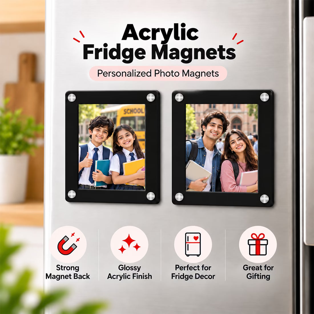 Acrylic photo frame fridge magnet set of 2 with photo insert and silver screw corners – Fashionury