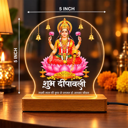 Shubh Deepavali Maa Lakshmi acrylic LED table lamp with lotus and temple bells design on warm glow wooden stand – Fashionury